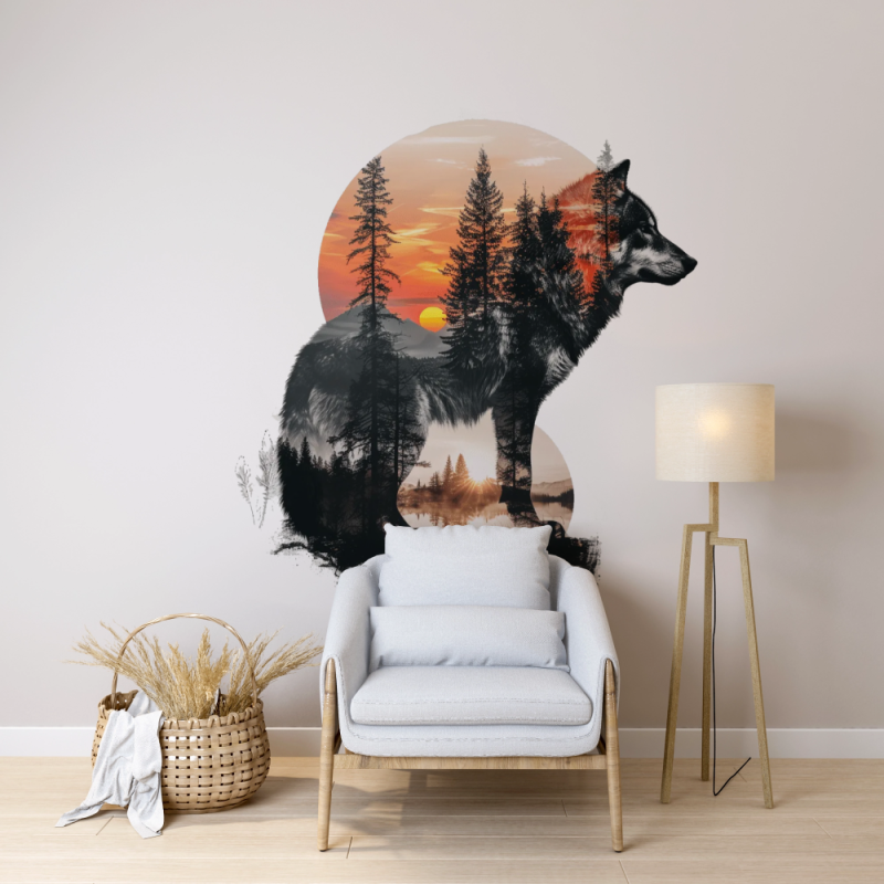 Pictura Murala Lup și Apus în Pădure
