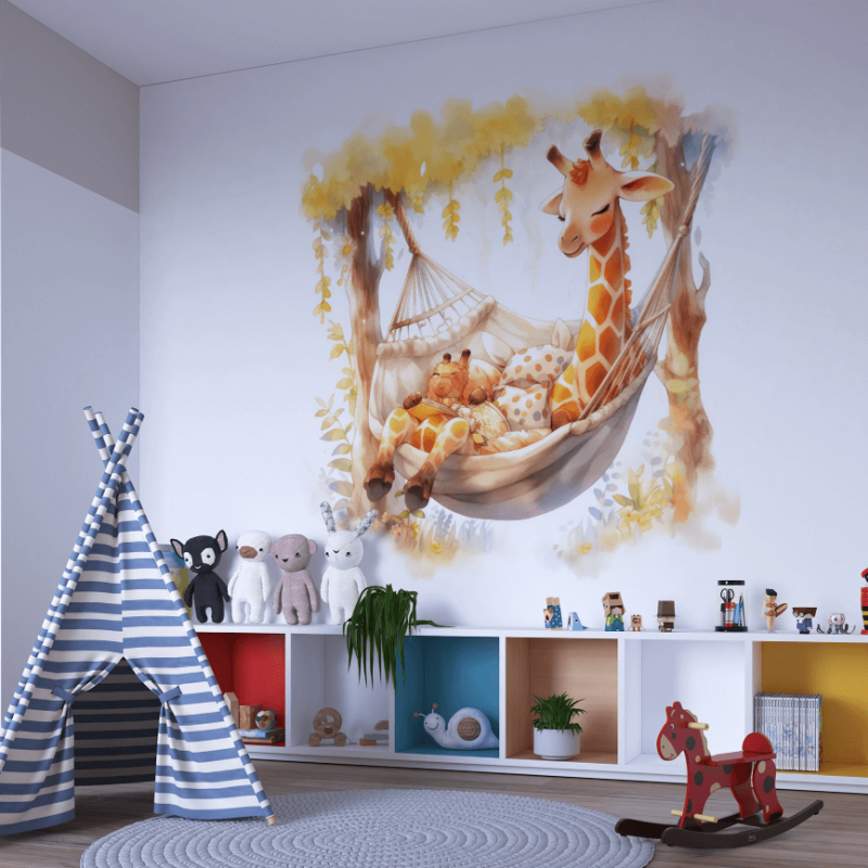 Pictura murala cu o girafă care își adoarme copilul